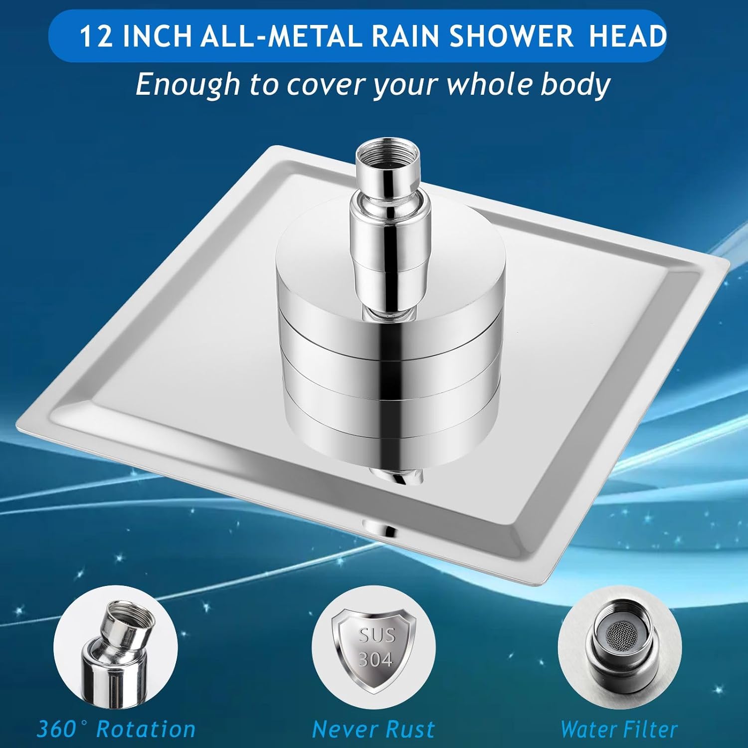 Voolan Rain Shower Head with Filtered - High Flow Large Rainfall Shower Heads Made of Stainless Steel - Waterfall Showerhead Filter For Hard Water (12" Chrome)