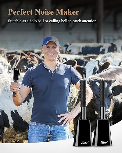 Miniatura 7 de Eastar Campana de vaca con asa, campanas de vaca grandes para eventos deportivos, paquete de 2 campanas de 10 pulgadas que hacen ruido fuerte
