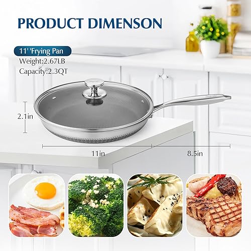 Miniatura 7 de Sartenes antiadherentes, sartén antiadherente de acero inoxidable con panal para cocina - Sartén de 11 pulgadas con tapa para utensilios de cocina -