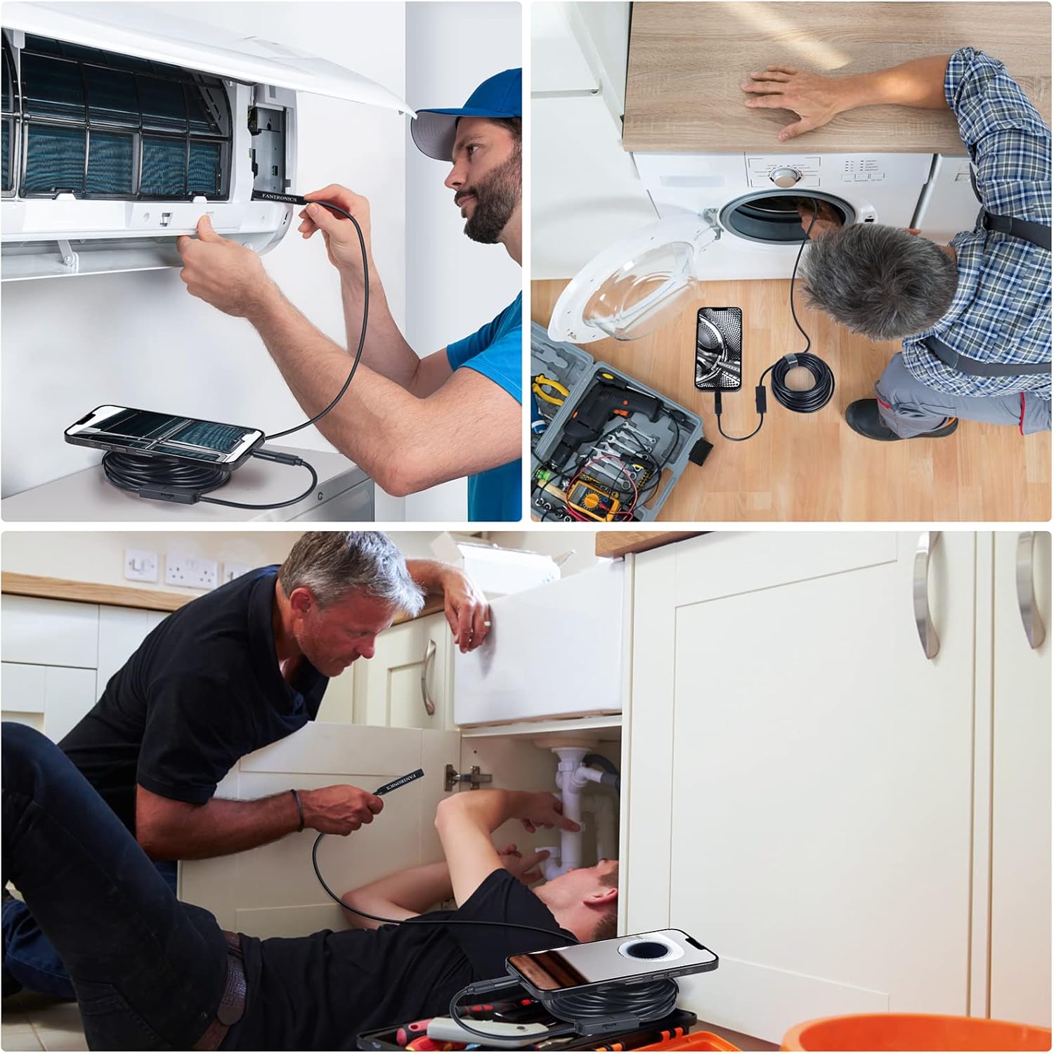 Borescope Inspection Camera, Fantronics Industrial Endoscope IP67 Waterproof 8mm Camera with 8 LED Lights for OTG Android & iOS Smartphone, iPhone, iPad, Samsung (16.4FT, Type-C, Micro, Lightning)