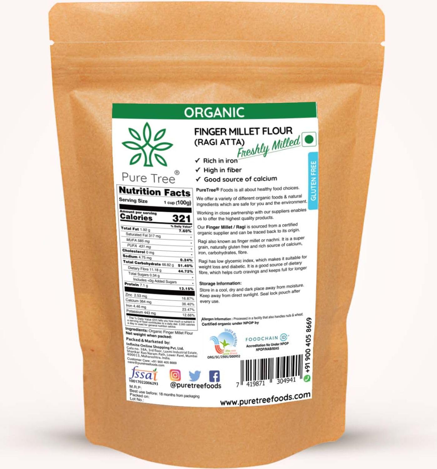 Pure Tree Certified Organic Freshly Milled Ragi Flour Finger Millet | 850 g | Finger Millet | Nachni | Nagli | Ragi Millet Gluten-Free | Bavto | Red Finger Millet | Ragi Whole Grain 1