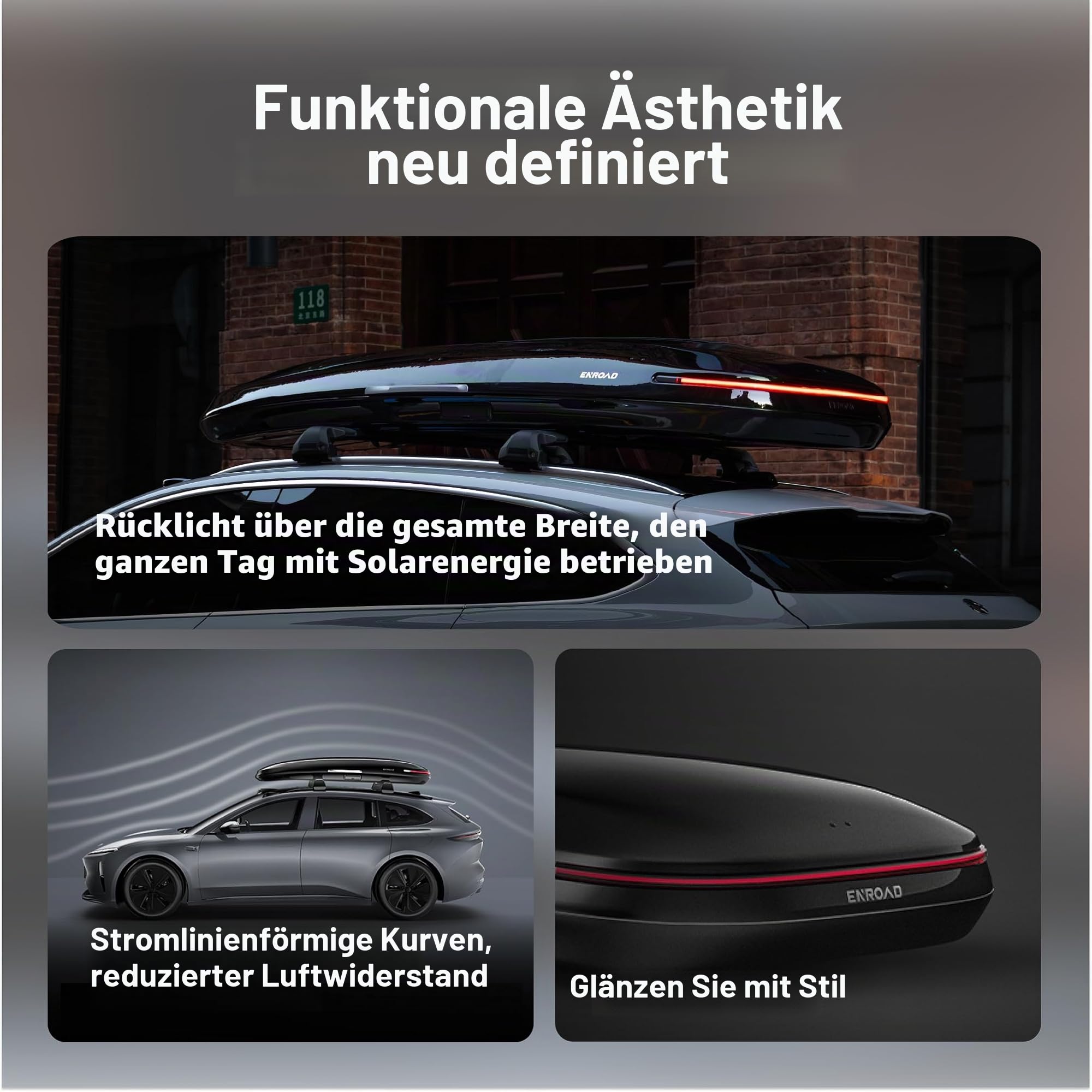 Nomadix Pro Dachbox für Autos, Fingerprint & 30W Solar Panel, Ultraleise Aerodynamik, inkl. Powerbank & LED Rücklicht, XL-400-E-Schwarz