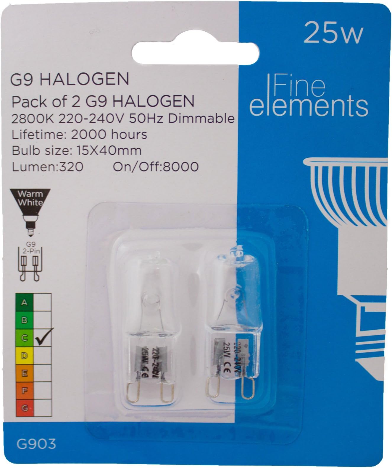 Fine Elements Bright G9 Clear Halogen 25w 2pk Light Bulbs - 15x40mm