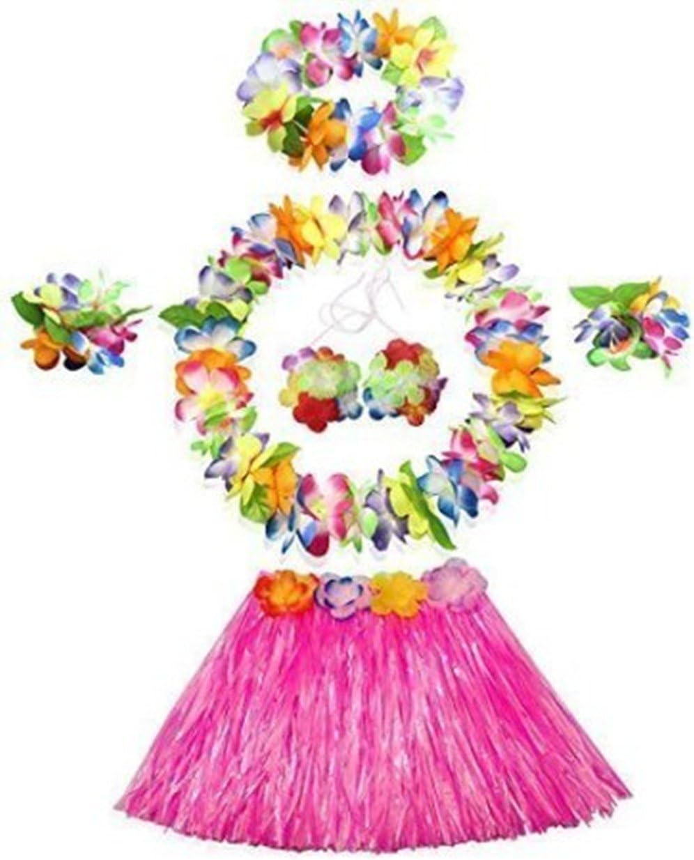 Adults 6- Piece Hawaiian Hula Grass Skirt Dance Wears Set, Pink