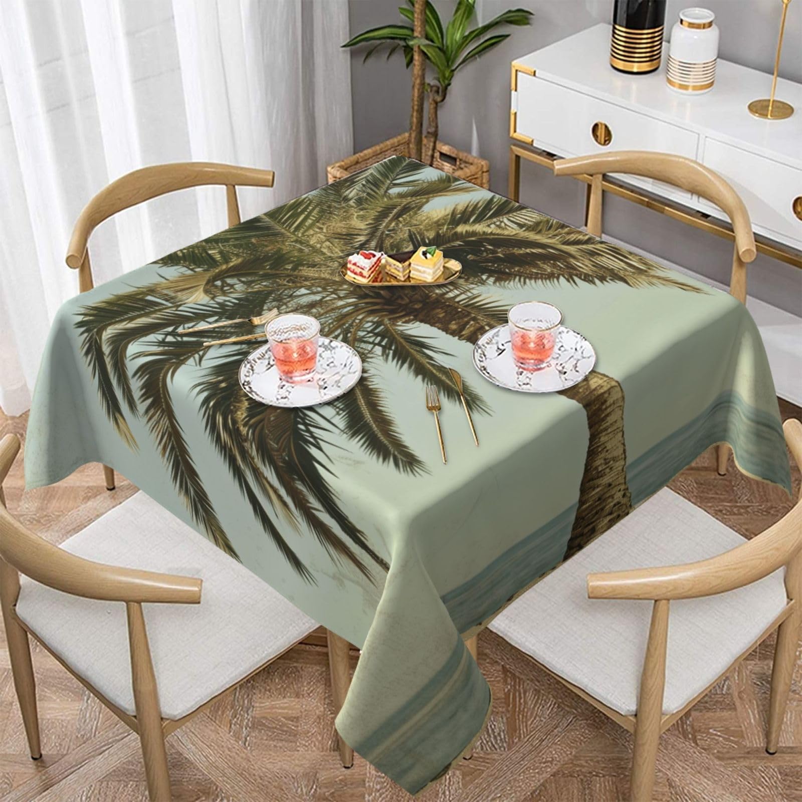 WPKJU Palm Tree Tropical Printed Square Tablecloth 60x60 inch Water Resistant Table Cover Washable Rectangle Table Cloth for Dining Tables