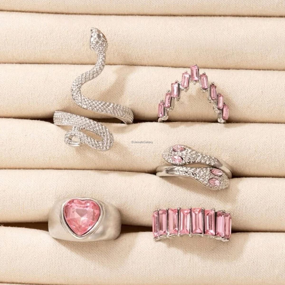 5-Piece Pink Stone Heart-Snake Stackable Rings Set