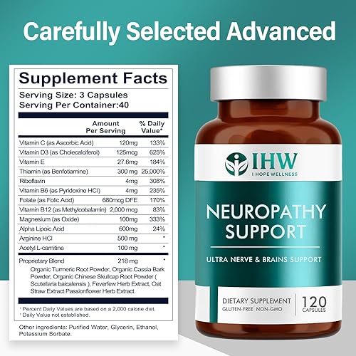 Miniatura 6 de IHW Salvador de nervios para neuropatía, 120 cápsulas de suplementos de neuropatía, con 600 mg de ácido alfa lipoico y vitaminas B, nervios
