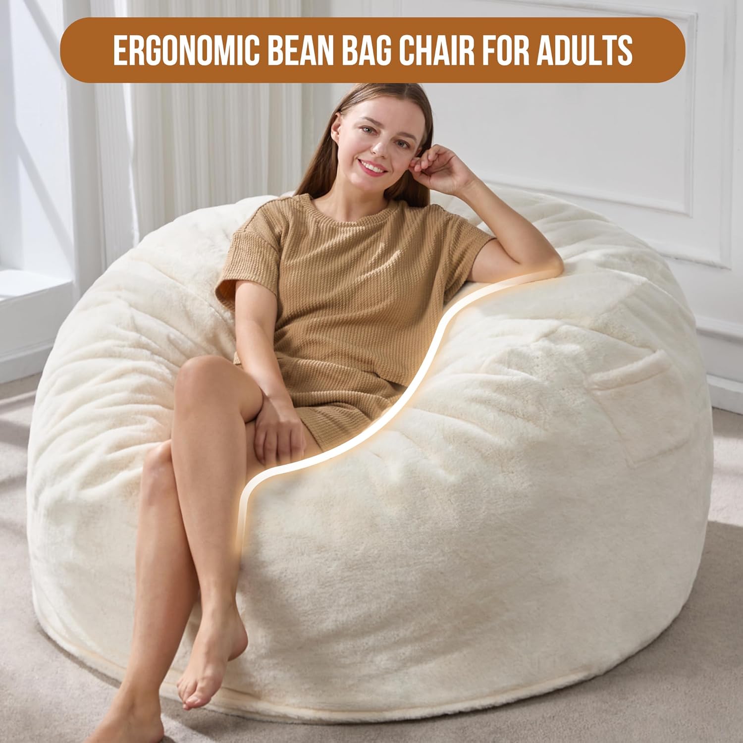 Hobestluk 5ft Bean Bag Chairs for Adults Large Beanbag Chair with Plush Faux Fur Cover Big Bean Bag Chair for Living Room Bedroom Dorm Office - White (50” x 50” x 24") - Image 3