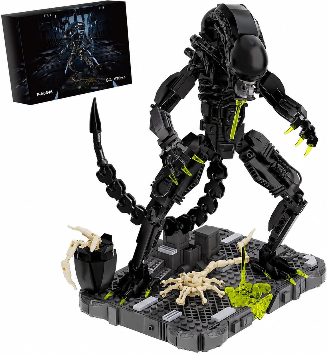 Xenomorph Action Figure Building Set, Horror Display Model | 670 PCS Collectible with Support Base and Mini Facehugger,Desktop Decor, Halloween Christmas Gift for Adult Fans