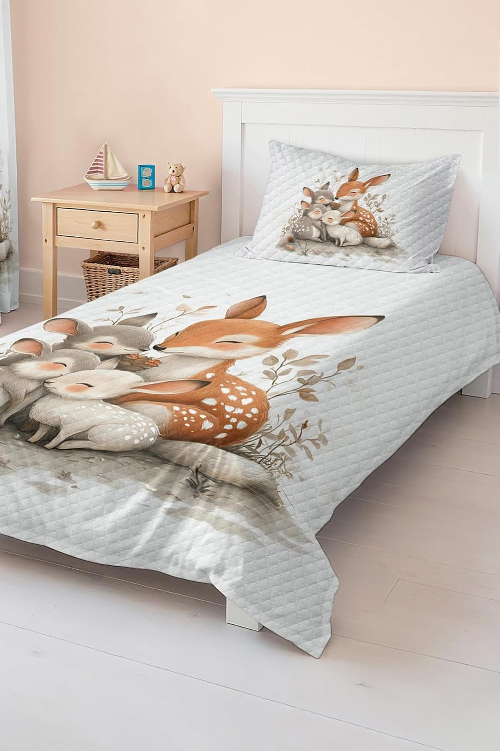 SODEF Kids Quilt Set Cute Rabbit and Deer Pattern, Single Size Bedspread, Soft Cotton Polyester Blend, 2 Piece Set for Children and Teens - Multicolor, One Size