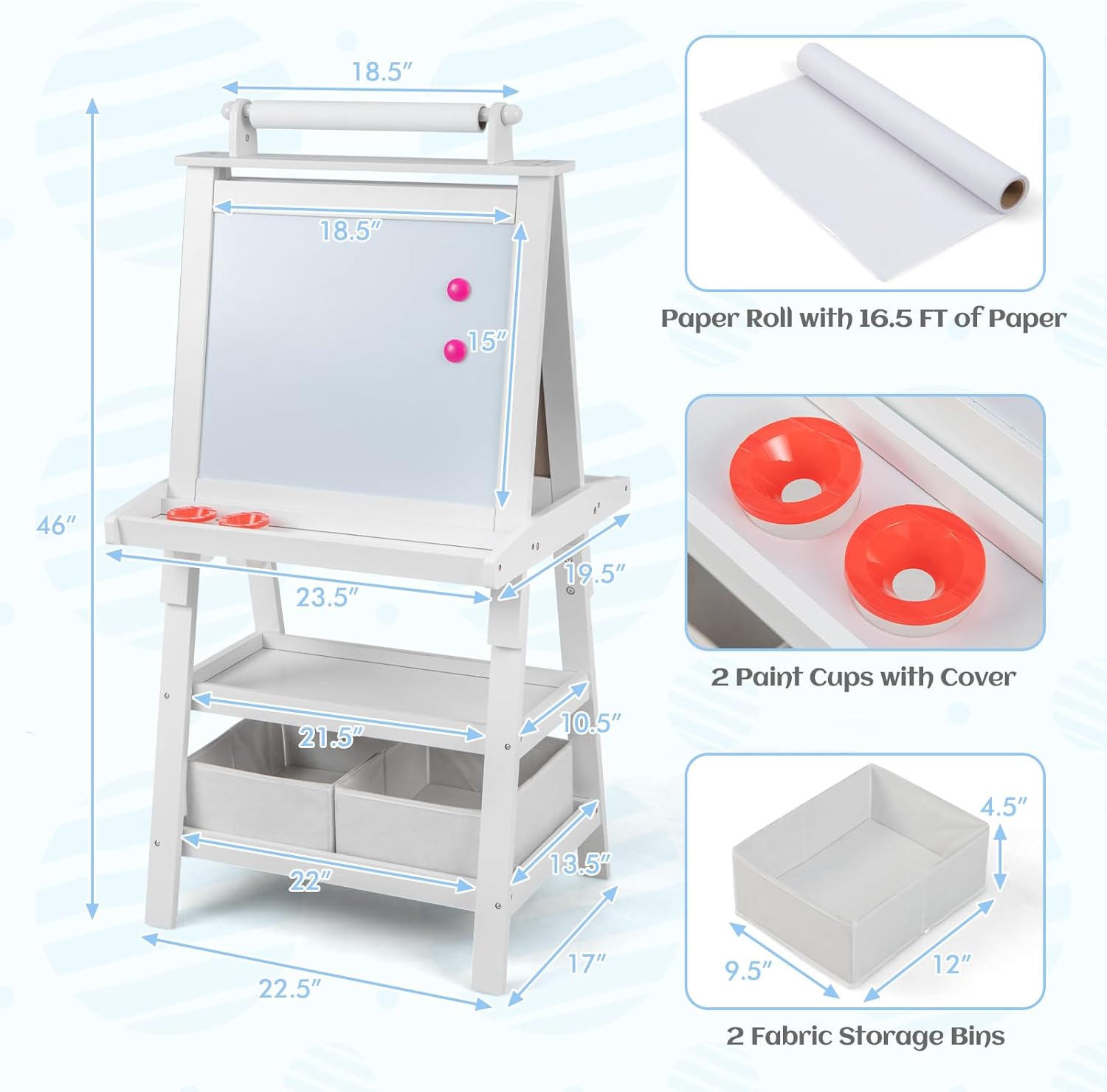 HONEY JOY Art Easel for Kids, 3-in-1 Double-Sided Wooden Toddler Easel w/Magnetic White Board & Chalkboard, Paper Roll, 2 Storage Bins, Painting Dry Erase, Kids Easel for Boys Girls Aged 3+ (White)