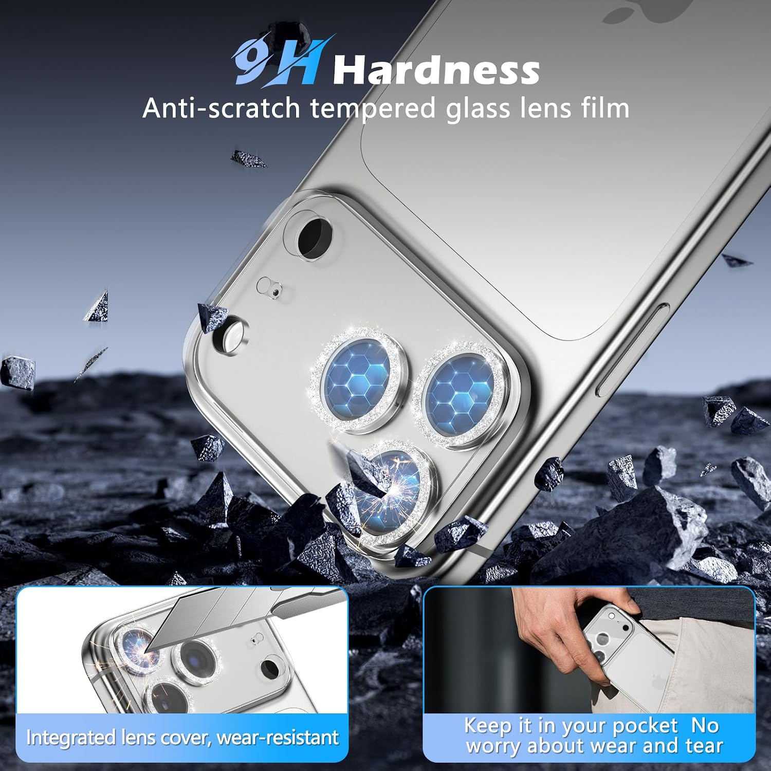 imluckies 3 Pack for iPhone 17 Pro Max 6.9" Camera Lens Protector Glitter, HD Clear Tempered Glass Camera Accessories, 9H Hardness Screen Cover, Case Friendly[Not Affect Night Shots], Sparkly Silver