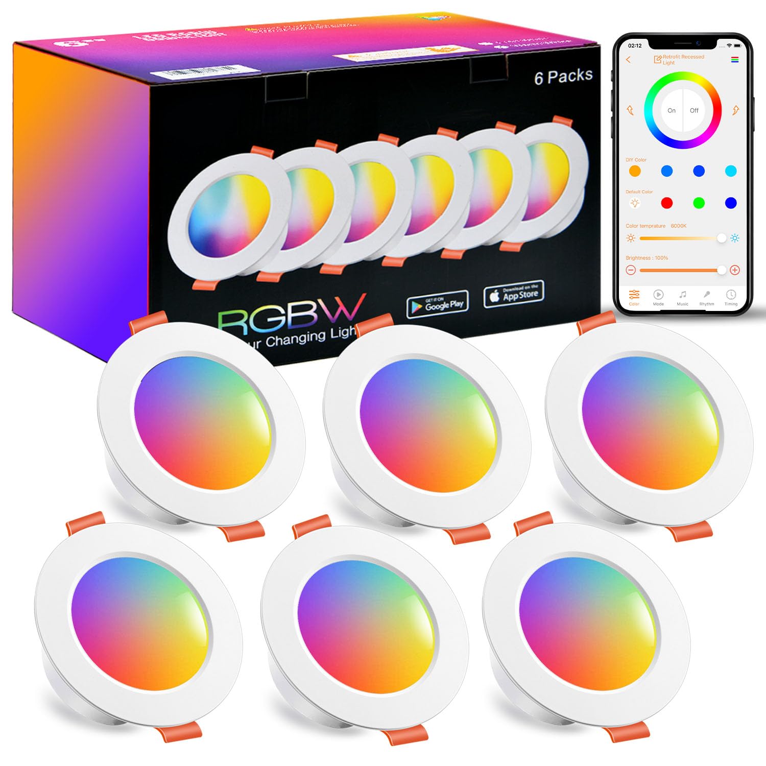 HEKEE Spot LED Encastrable RGB Bluetooth, Ф68-85mm Couleur Spot Encastré Minuterie Via APP，IP44 2700-6000K Spot LED Encastrable (Lot De 6)