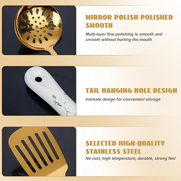 7Pcs/Set Kitchen Utensils Set Stainless Steel Gold Utensils Set for Cooking with Utensil Holder Dishwasher Safe Hanging Metal Kitchenware Set Include Spatula, Pasta Spoon (Golden)