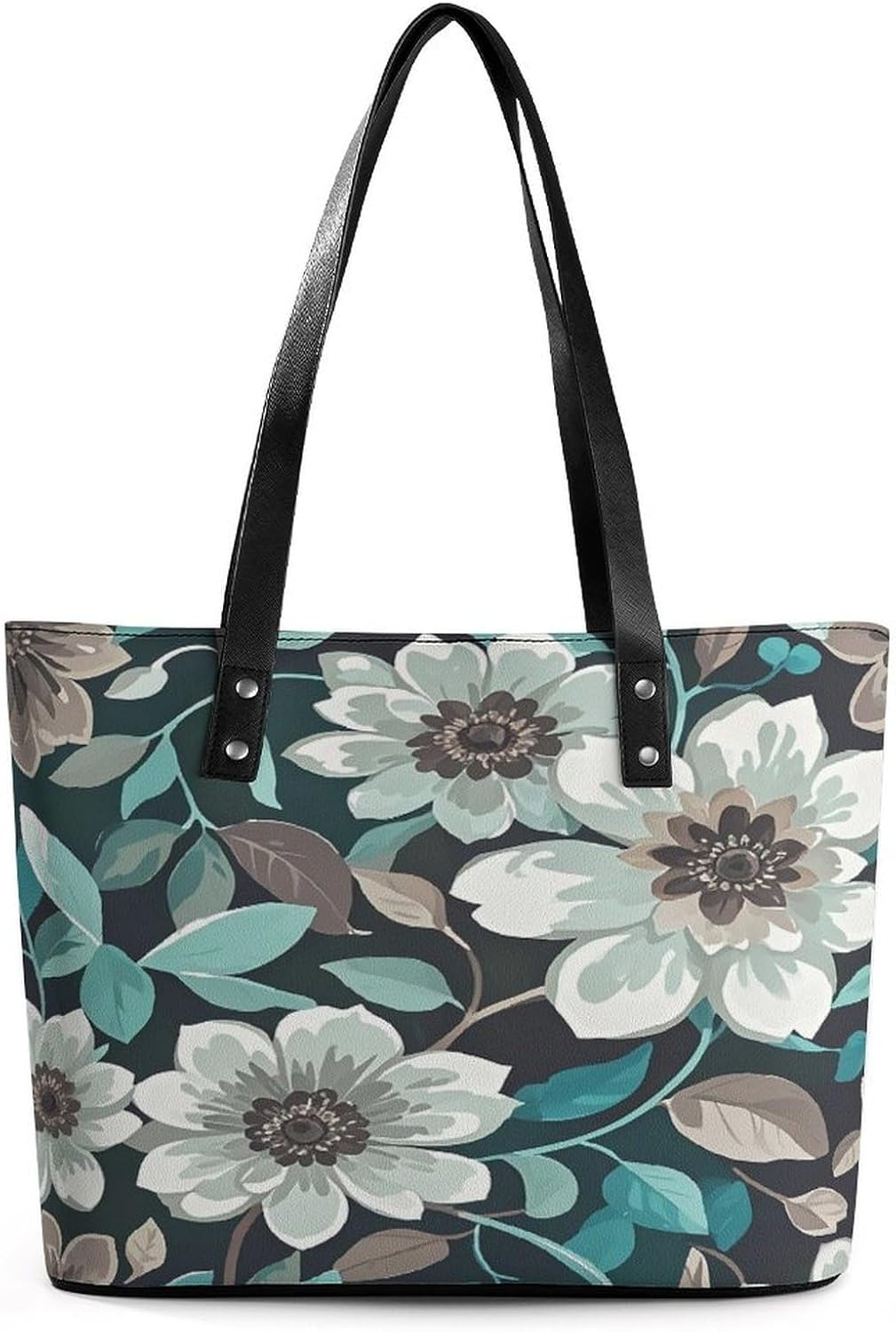 Teal Grey And White Floral Tote Bag for Women Top Handle Large Size Satchel Purse Ladies Chic Shoulder Bag Aesthetic Leather Shoulder Handbag for Work Travel Cute Casual Message Bags