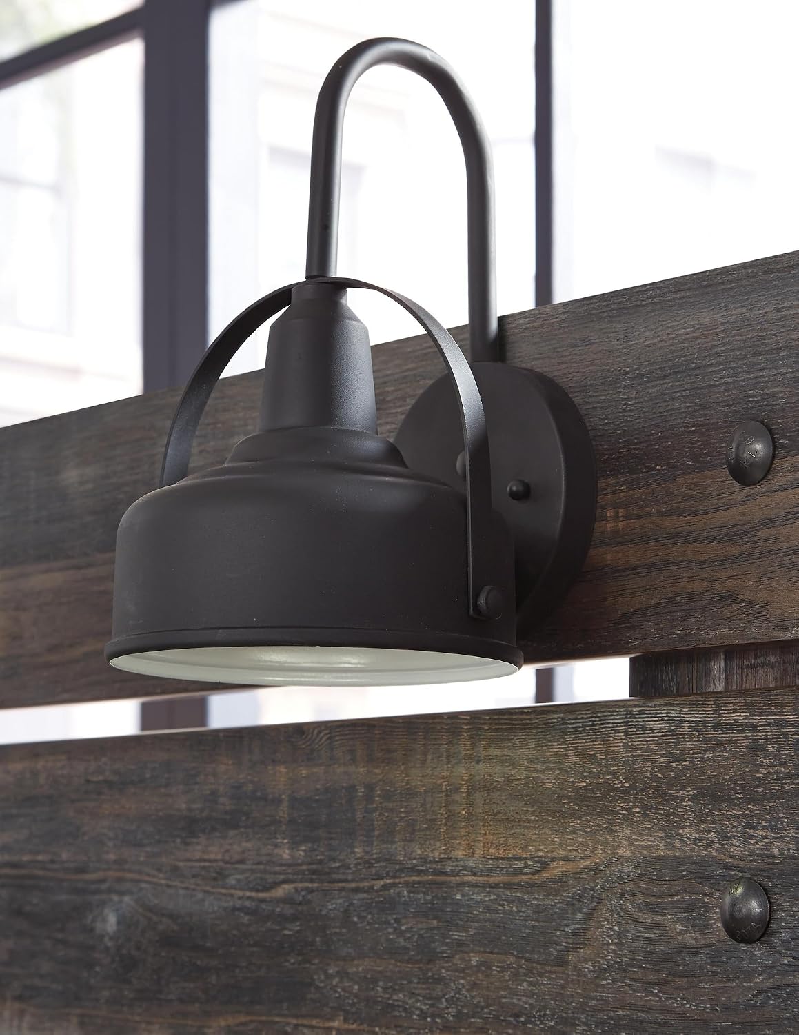 Signature Design by Ashley Drystan King Panel Headboard, Brown | Engineered wood laminate, Built-in LED sconces, Dual USB charging ports, Rustic industrial style