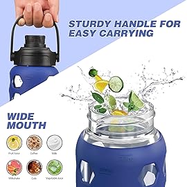 MUKOKO Glass Water Bottles, 32oz Glass Tumbler with Straw, Drinking Bottles with 2 Lids-Handle Spout Lid&Bamboo Straw Lid, Motivational Water Bottle with Time Marker and Silicone Sleeve, 1 Pack-Blue