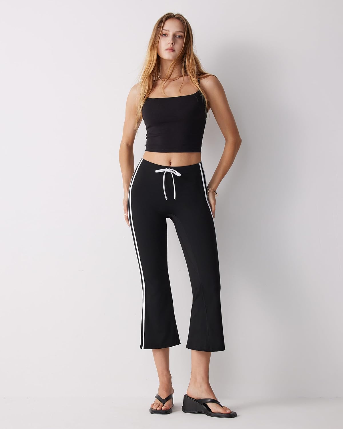 MOOSLOVER Women Flare Capri Yoga Pants High Waisted Side Stripe Drawstring Bootcut Flared Cropped Leggings