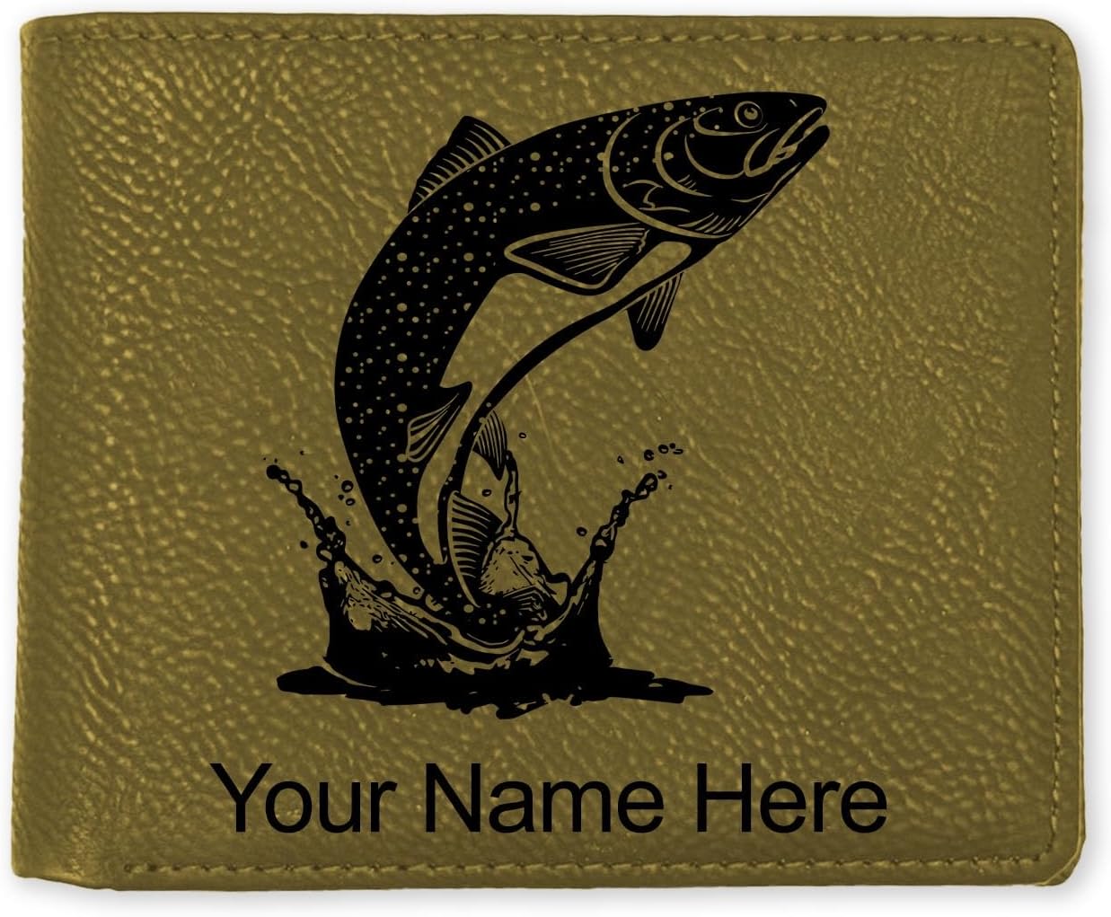LaserGram Faux Leather Bi-Fold Wallet, Trout Fish, Personalized Engraving Included (Camo Green)