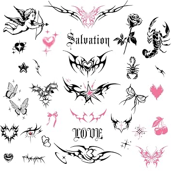 Y2K Temporary Tattoos for Women - 2 Large Sheets with 30+ Designs, Waterproof Fake Tattoos for Bachelorette Party & Festival, Early 2000s Style Body Decors