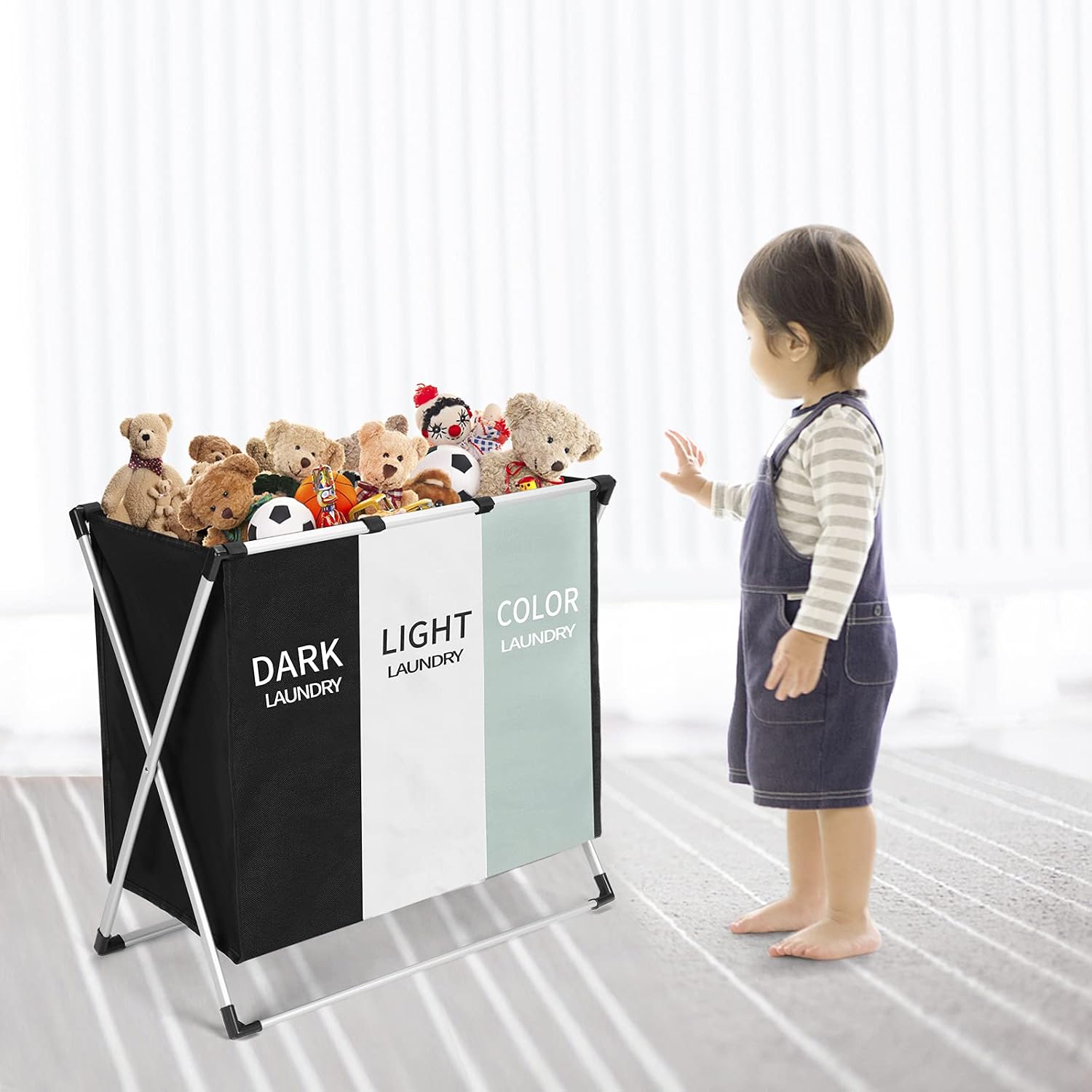 BLOOMBY 3-Section Laundry Sorting Hamper - 135L Capacity Dirty Clothes Bag, Sorter Basket with 3 Compartments, Folding Aluminum Frame, and Carrying Handles - for Bedroom, Bathroom & More (26 X 24”)