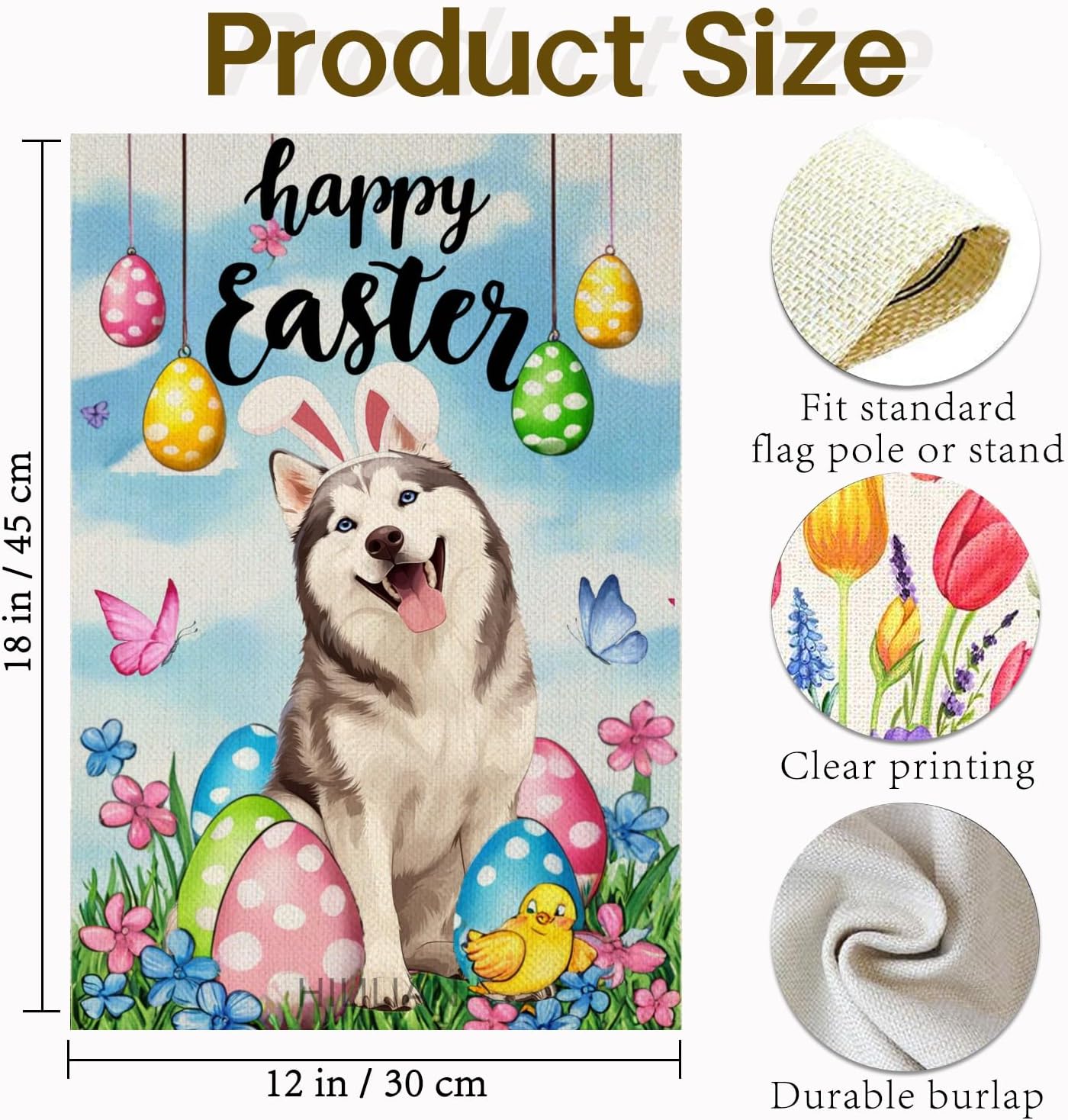 Happy Easter Husky Garden Flag 12x18 Inch Double Sided Dog Easter Eggs Flowers Yard Outside Decorations Pet Lover Gift, Spring Outdoor Small Burlap Home Decor(13310) - Image 5