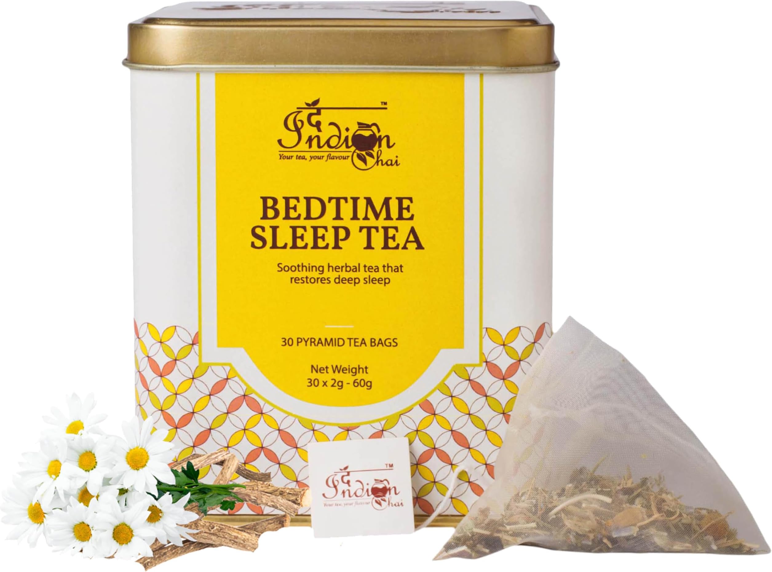The Indian Chai – Bedtime Sleep Tea 30 Pyramid Tea Bags with Passion Flower, Valerian Root, Chamomile Flower, Gotu Kola etc for Restful and Peaceful Sleep, Herbal Tea
