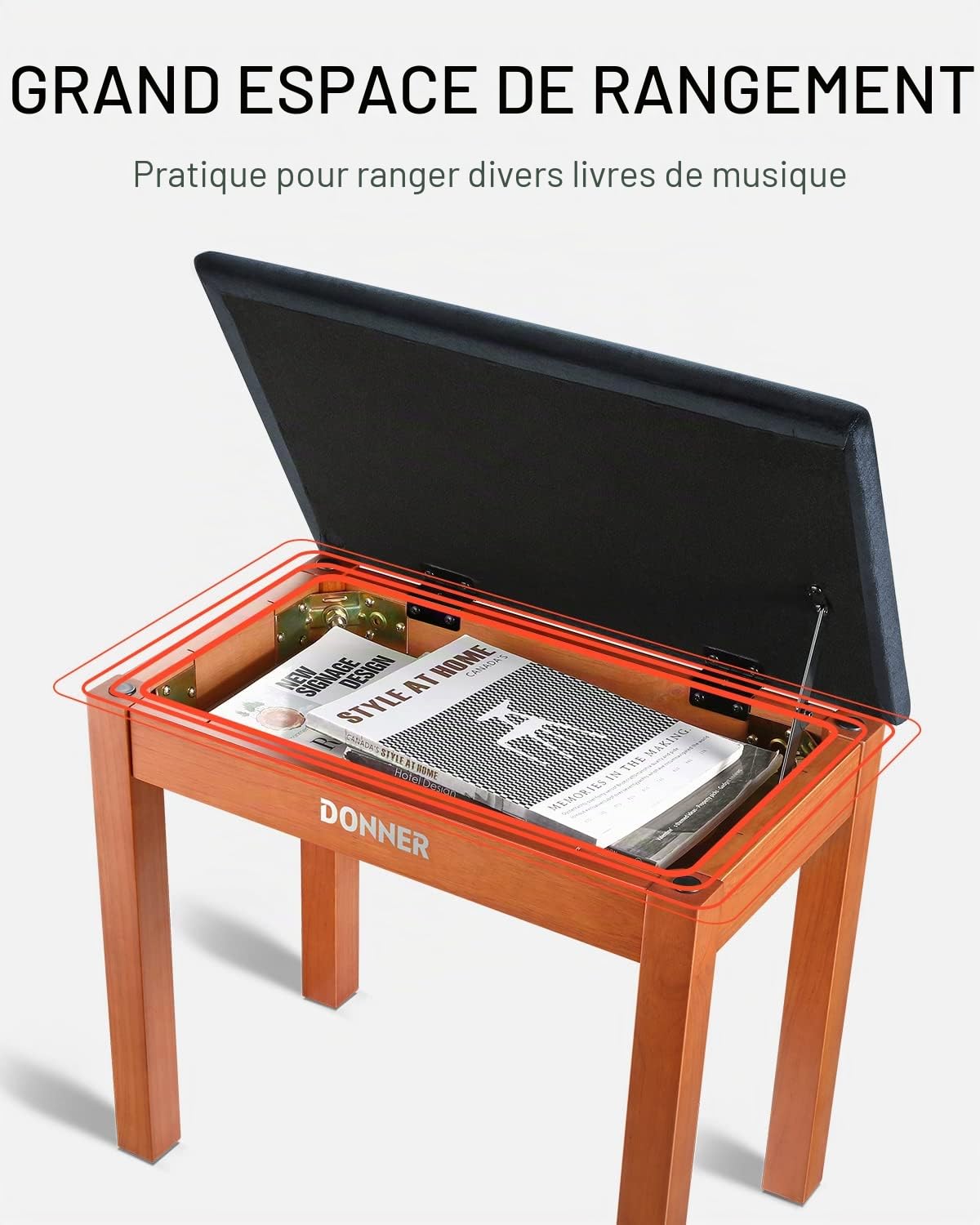 Donner Banc de Piano avec Rangement, Banc de Piano en Bois Massif avec Coussin en Daim Haute densité, Finition Bois
