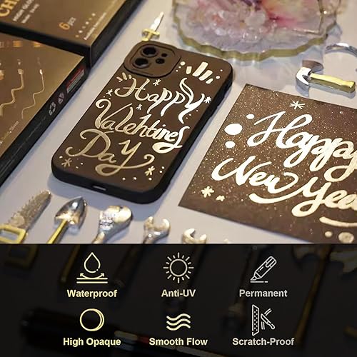 Miniatura 7 de LET'S RESIN 6 marcadores cromados de espejo, 3 tamaños disponibles metálicos permanentes (fino, cincel, redondo) con barril grande, marcador