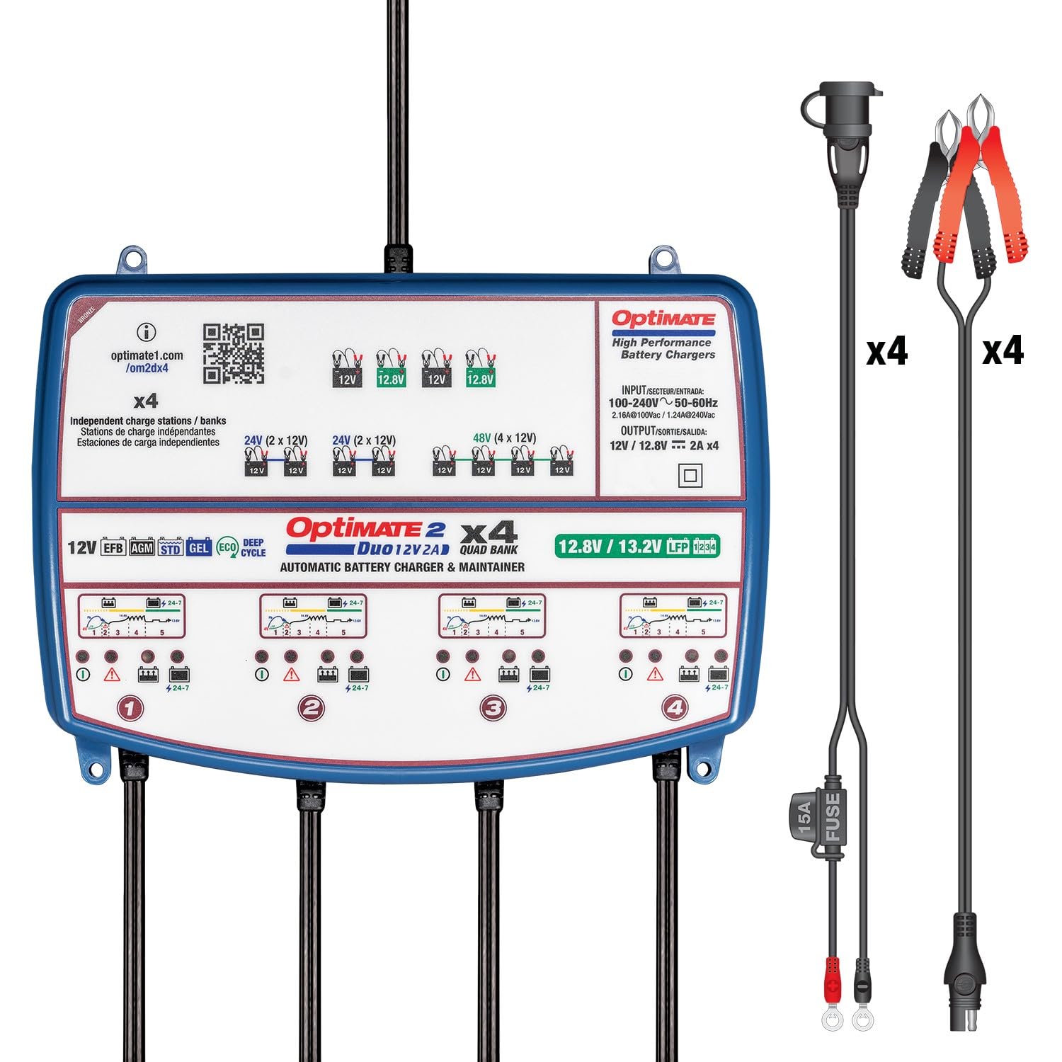 OptiMate 2 Duo x 2 Bank – 2-Bank 12V/12,8V Automatisches Ladegerät und Wartungsgerät (2A pro Bank) – Für Blei-Säure- und Lithium-LiFePO4-Batterien – Sicher, intelligent und wetterfest