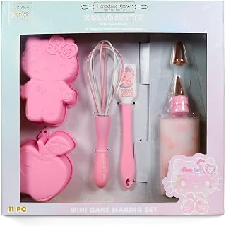 Handstand Kitchen Hello Kitty Cake Bakeware Set with Shaped Cake Molds | Officially Licensed, 50th Anniversary Hello Kitty and Apple Shaped Pans, Whisk, Spatula, Food Grade Silicone, Dishwasher Safe
