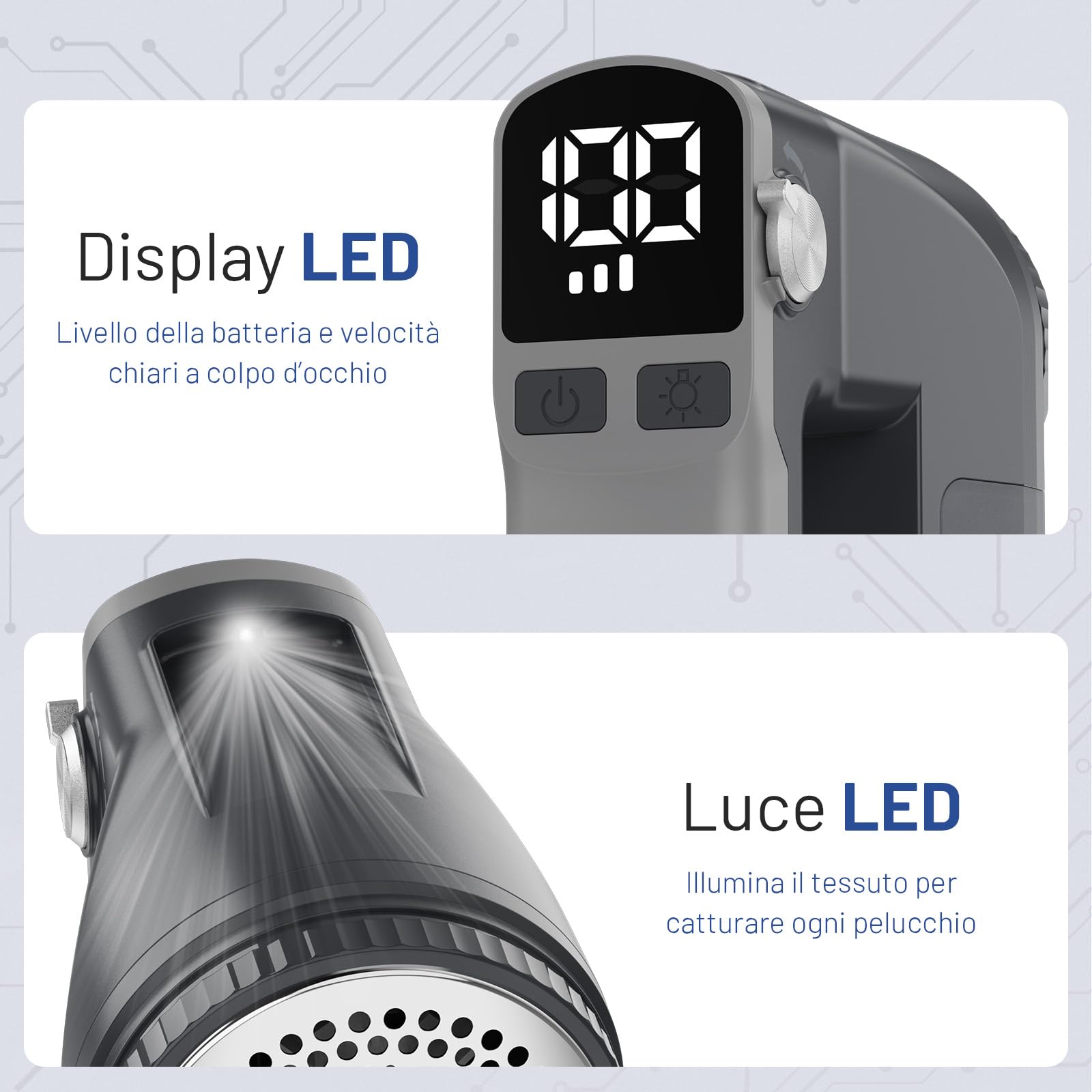 BEAUTURAL Leva Pelucchi Elettronico Ricaricabile USB-C con 3 Velocità, Display LED, Luce Frontale e 6 Lame – Ideale per Vestiti, Mobili e Tutti i Tipi di Tessuto, Colore Grigio