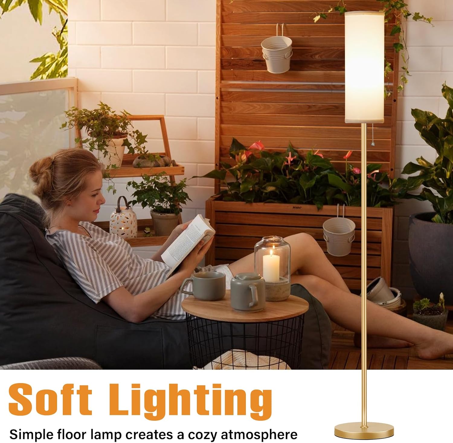 Floor Lamp with 3 Color Temperatures Bulb, 64" Standing lamp with Linen lampshade for Bedroom, Minimalist Pole Lamp, White Shade & Gold Pole thumbnail