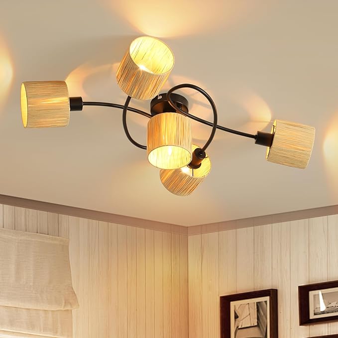 Deboola Deckenlamp 5-vlammig, natuur vintage design plafondlamp, E14, voor slaapkamer, eetkamer, keuken (zonder lamp)