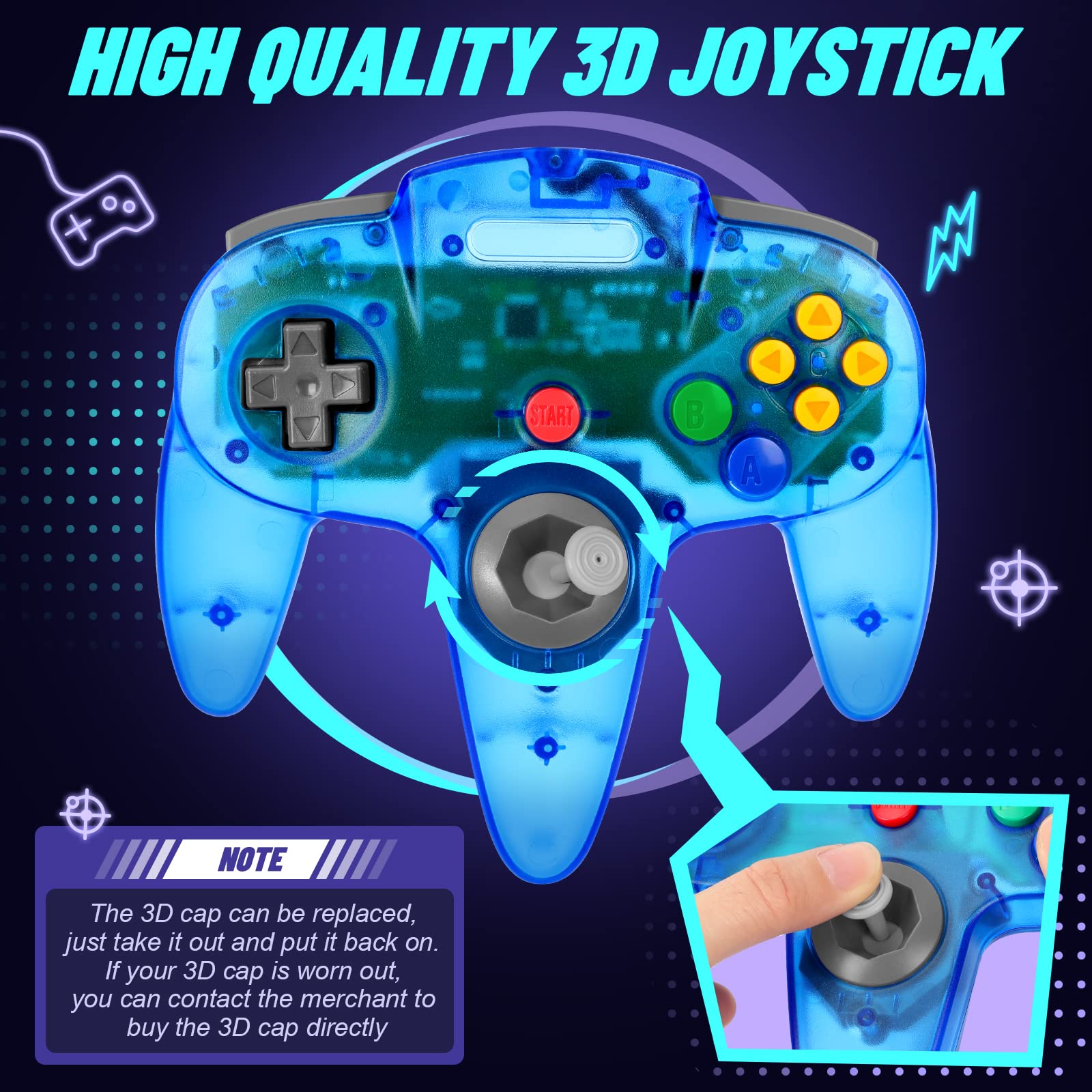 FISUPER Manette de jeu filaire N64 classique pour console N64 (noir transparent + bleu transparent)