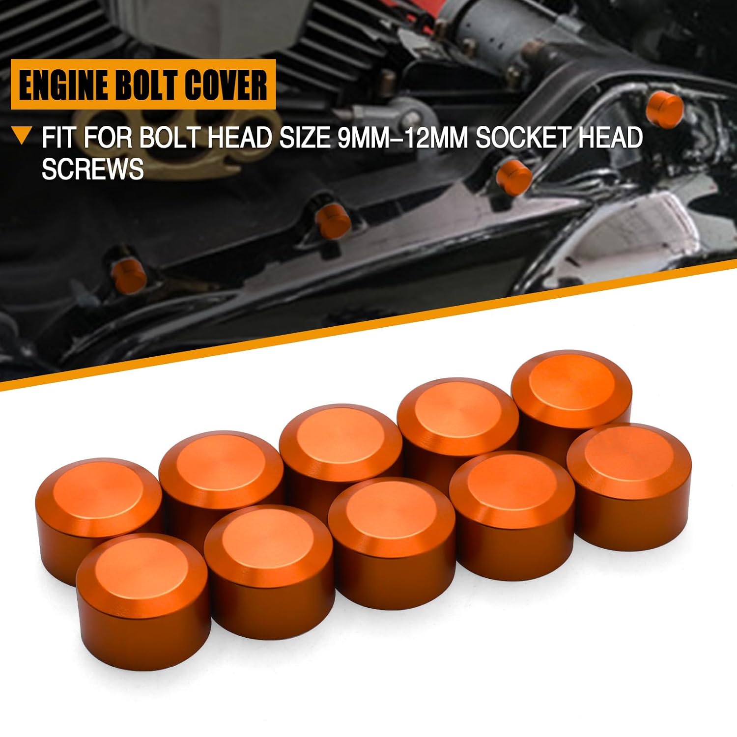 10Pcs Motorcycle Bolt Covers Engine Topper Bolt Caps Aluminum for Harley Touring Street Glide Road King Sportster Dyna Softail Fatboy Twin Cam (Orange fit 9.5-12mm Bolt, Middle)