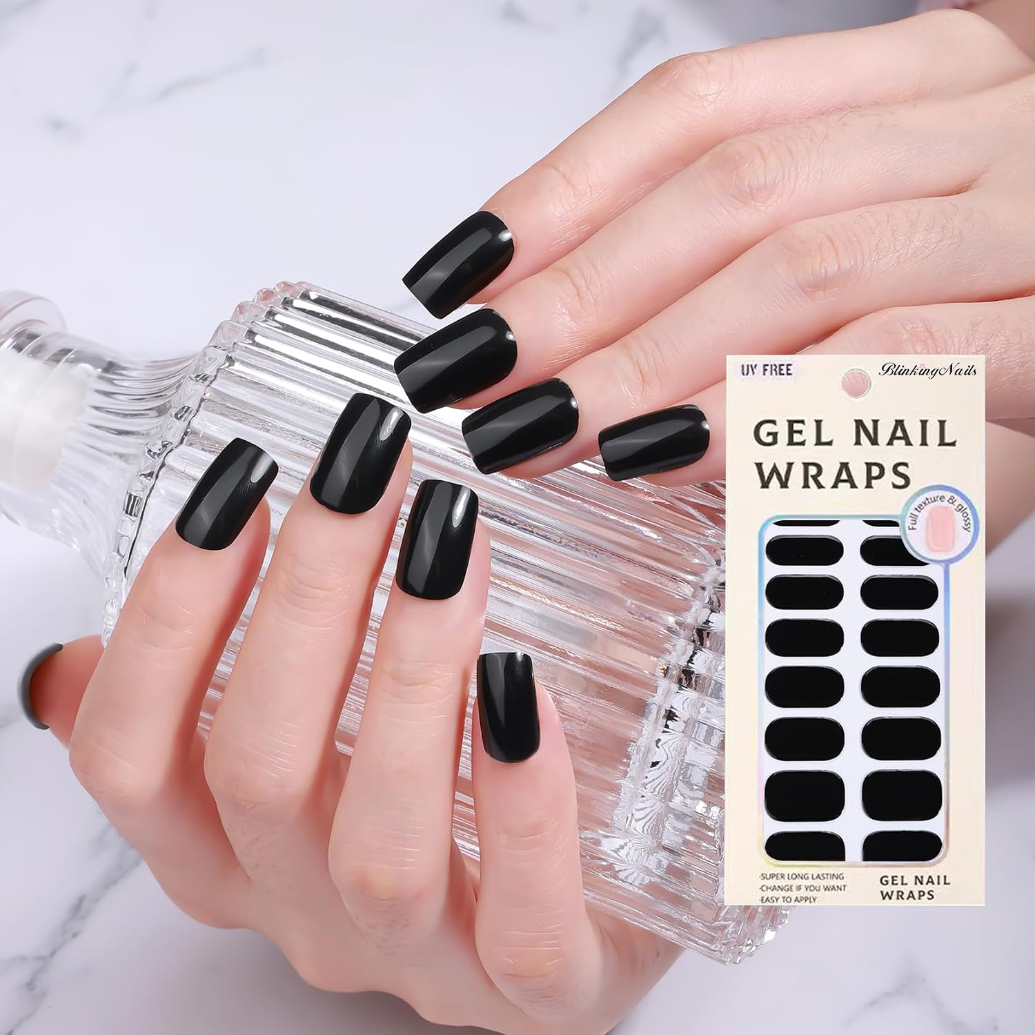 Gel Nail Wraps, Long-Lasting Self-Adhesive Strips with Application Kit, UV-Free Nail Art Stickers 16pcs with 8 Sizes, Black Glossy Finish, Cuticle Stick & File