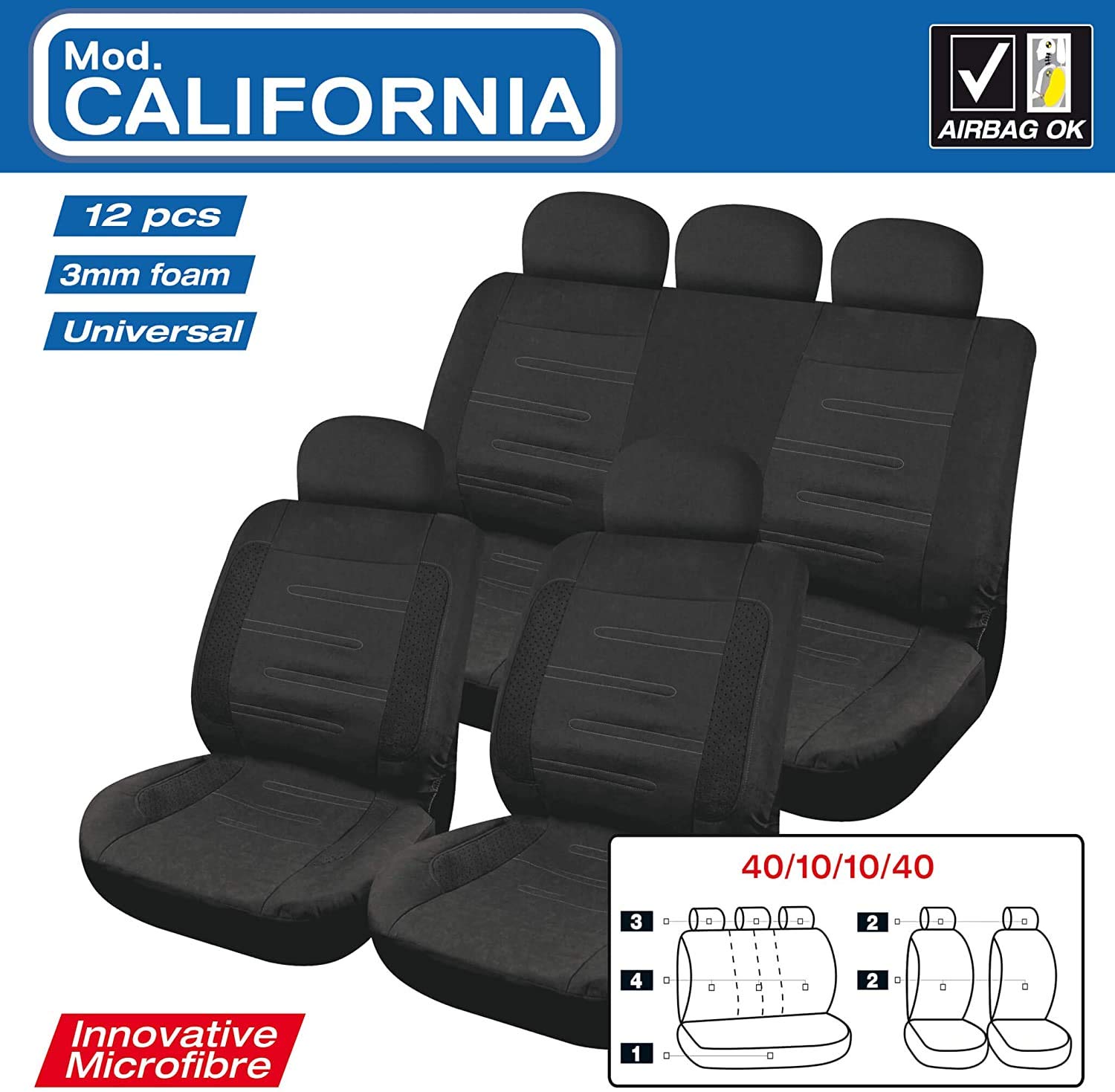 S SUMEX California Funda de Asiento Universal de Microfibra con Espuma de 3 mm, Color Negro Juego de 12 Piezas