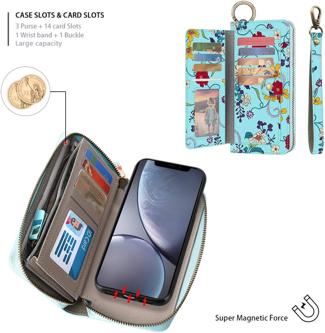 Petocase Compatible iPhone XR/10R Wallet Case, Multi-Function Zipper Purse with Detachable Magnetic Back Cover Wristlets 13 Card Slots & 4 Cash Pocket for Apple iPhone XR/10R Green Floral