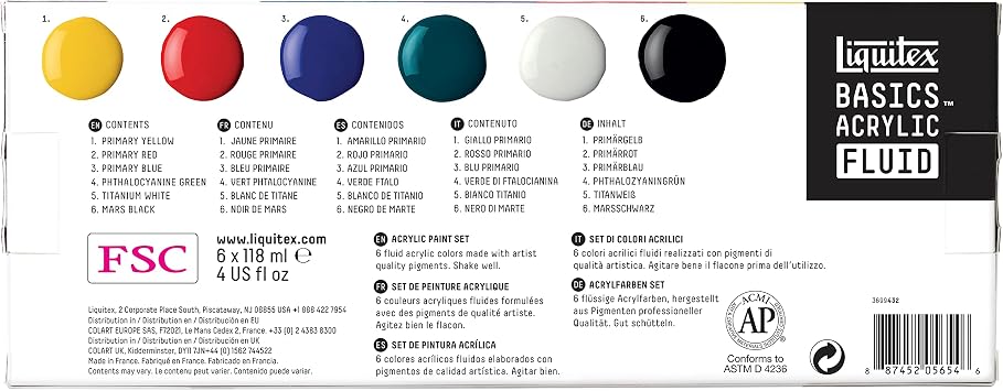 Liquitex BASICS Acrylic Fluid Paint, 12 x 118ml (4-oz.) Bottle Set