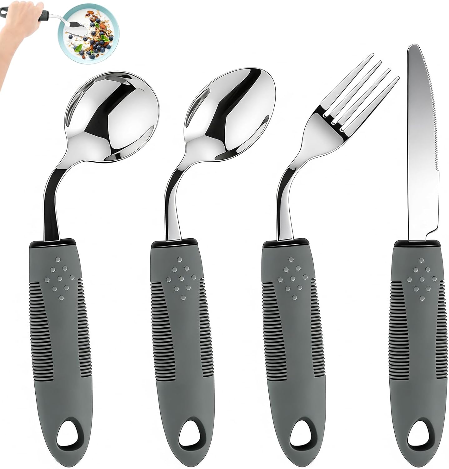 KintKita Adaptive Utensils for Elderly 4 Piece, 2.9 oz Weighted Silverware for Hand Tremors, 45°Angled Parkinsons Utensils for Elderly, Arthritis, Weak Hand Grip, Right-Handed Use