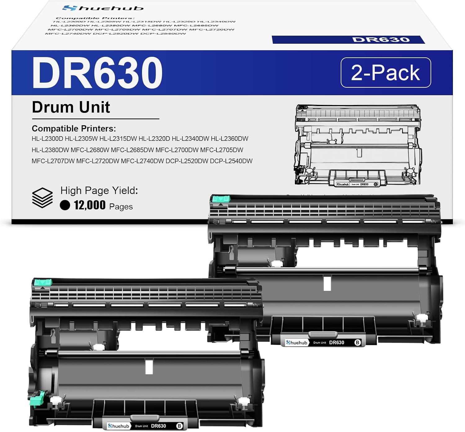 DR630 Drum Unit (Not Toner) Replacement for Brother DR-630 DR 630 Drum Unit for HL-L2300D HL-L2320D HL-L2340DW HL-L2360DW HL-L2380DW MFC-L2700DW MFC-L2720DW DCP-L2520DW DCP-L2540DW Printer, 2 Pack