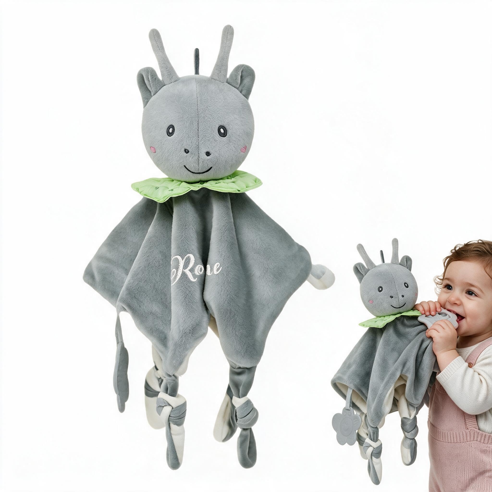 Presentimental Personalised Baby Comforter Blanket with Name Soft Plush Animal Security Blanket with Teether and Bell Baby Soother Toy Newborn Christening Shower Gift Boy Girl