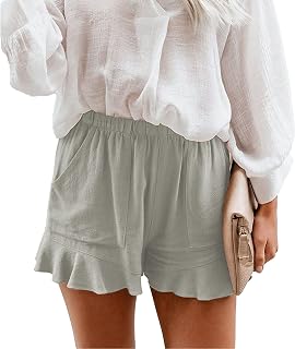 Women's Summer Cotton Casual Ruffled Shorts Comfy Elastic Waist Pure Color Shorts Ruffle Hem Shorts Pockets