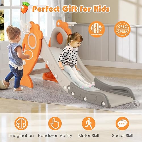 Miniatura 8 de BABY JOY Tobogán para niños pequeños, 4 en 1 para interiores plegables con escalador, aro de baloncesto y lanzamiento de anillo, juego plegable para
