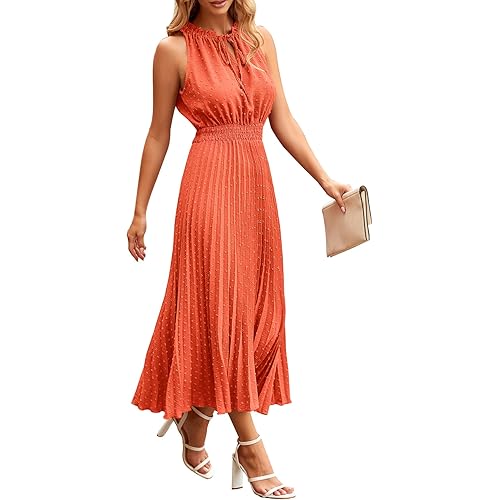 PRETTYGARDEN Women's Midi Summer Dresses Casual V Neck Swiss Dot Ruffle Sleeveless A Line Beach Sun Dress
