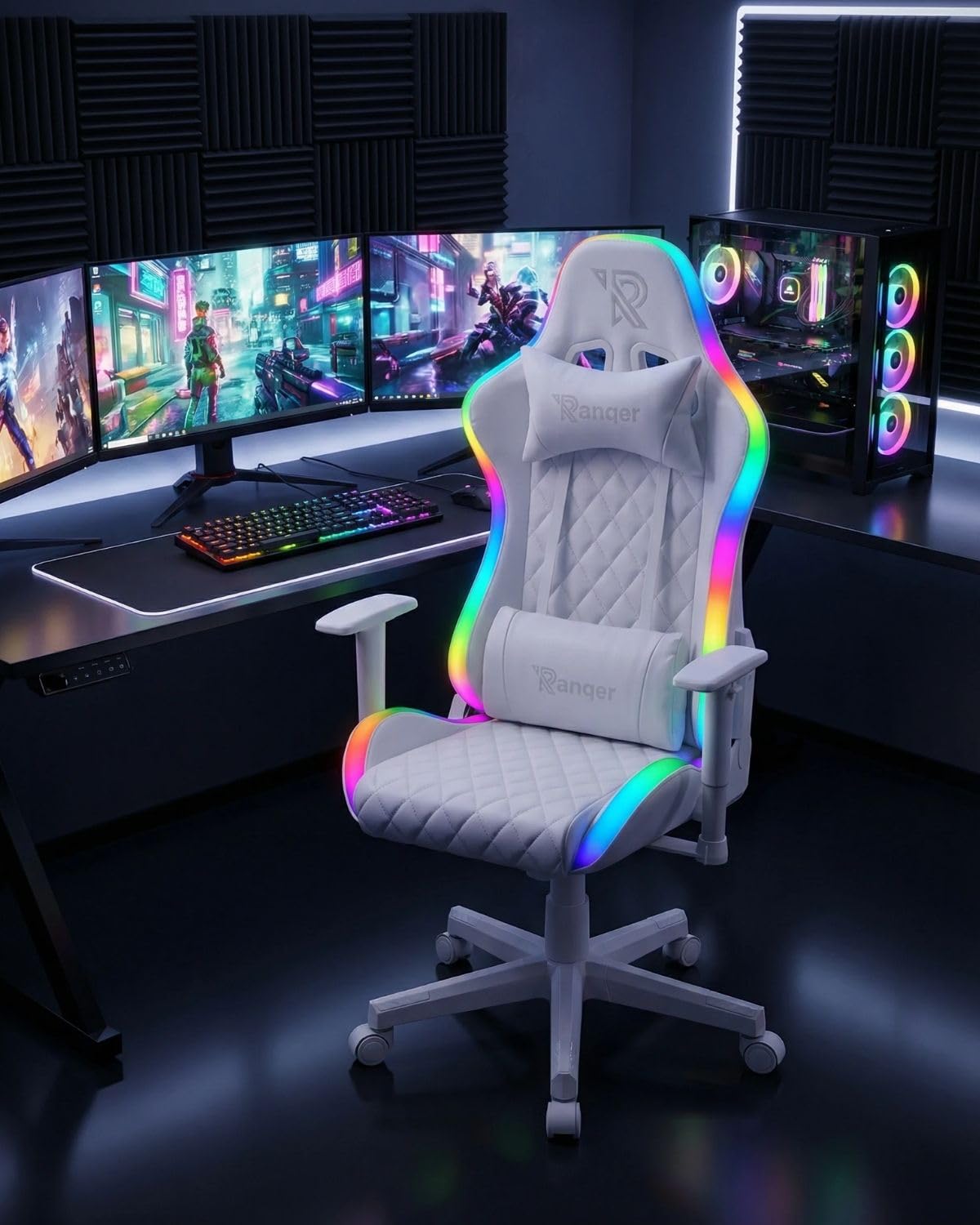 Halo Chaise Gaming RGB avec Éclairage LED, Dossier Inclinable 180°, Accoudoirs 2D, Coussins Amovibles, Base Nylon Robuste Et Confort Ergonomique pour Longues Sessions, Blanc