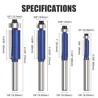 Straight Flush Trim Router Bit Set 1/4 Inch Shank 4PCS, Top Bearing Guide Woodworking Milling Cutter Tool for Wood Trimming, Template Work - 6.35mm, 8mm, 9.5mm, 12.7mm Cutting Dia