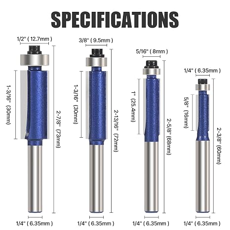 Straight Flush Trim Router Bit Set 1/4 Inch Shank 4PCS, Top Bearing Guide Woodworking Milling Cutter Tool for Wood Trimming, Template Work - 6.35mm, 8mm, 9.5mm, 12.7mm Cutting Dia
