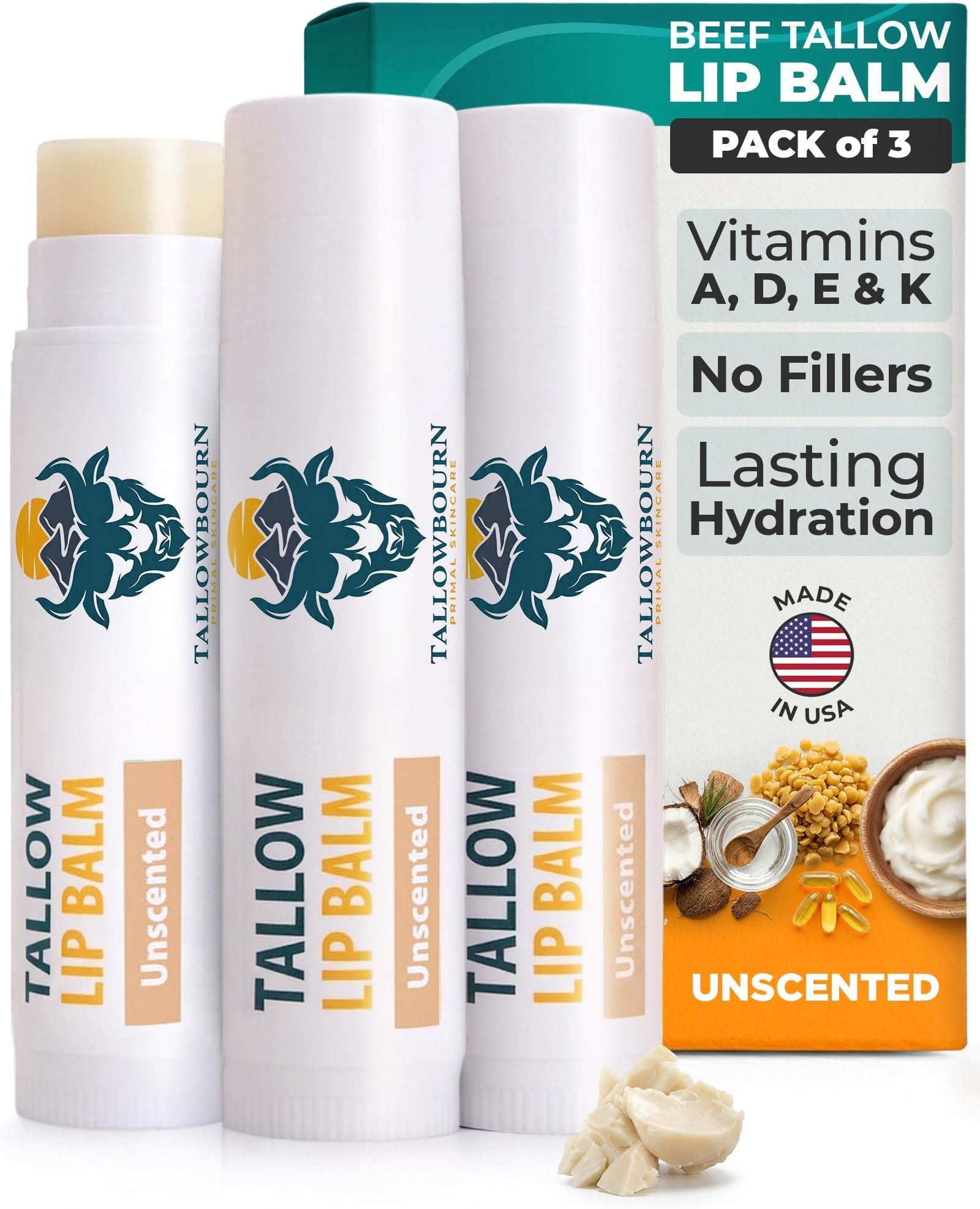 Lip Balm - Grass-Fed Beef Tallow Lip Balm 3pk – Unscented